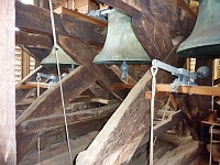 The bells, St James church. It's possible that there were more than three originally. The treble (on the left) was made by John Briant of Hertford in 1790. Photo 2010.
