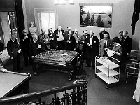 Netherfield House, Salvation Army Eventide Home entrance hall. Marlene Finney serves tea to the establishment. Brigadier Harold Finney, who ran the home, is on the extreme left of the picture. Photo around 1966. Copyright Marlene Harris.