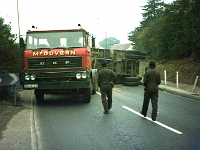 Roydon Road Stanstead Abbotts. Yet another calamity at the bottom of Cats Hill. After many hours the trailer was finally turned upright and reloaded. Photo 1980 ?