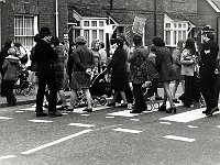 Demonstration for a bypass for Stanstead Abbotts. Lots of these people still live in the village. Photo April 1975. The bypass finally opened in 1987.