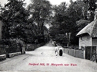 Hertford Hill, Saint Margarets. Now Folly Hill. Turning on left is Hoddesdon Road. Postcard Charles Martin, No: 2074. Date unknown but asks for halfpenny stamp so must be pre 1918.